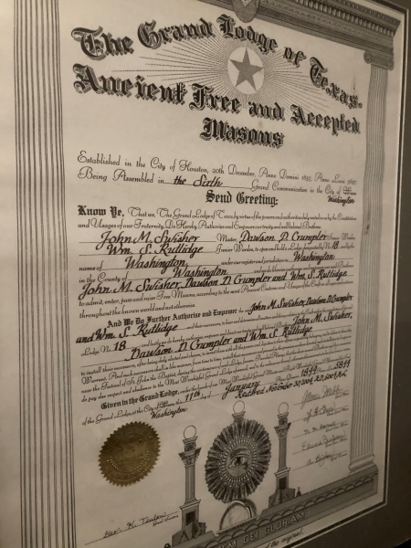 Washington Masonic Lodge #18 Charter - Originally chartered during the Republic of Texas in 1844